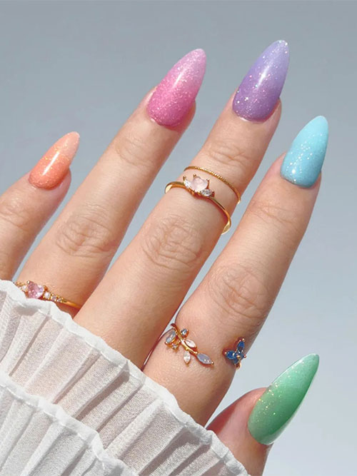 Long almond-shaped multicolored iridescent nails to transition your fingernails from spring to summertime