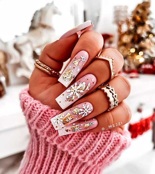 Long Square Sparkling Baby Boomer Christmas Themed Nails