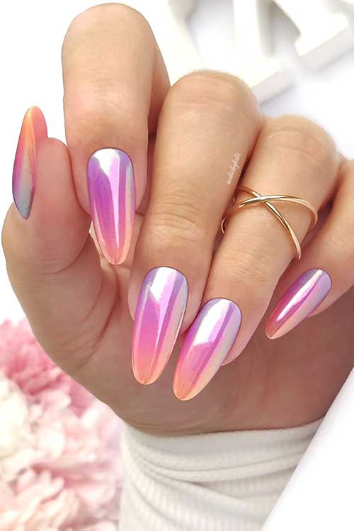 Chrome almond-shaped summer ombre nails started with violet nail shade to pink then orange color shade