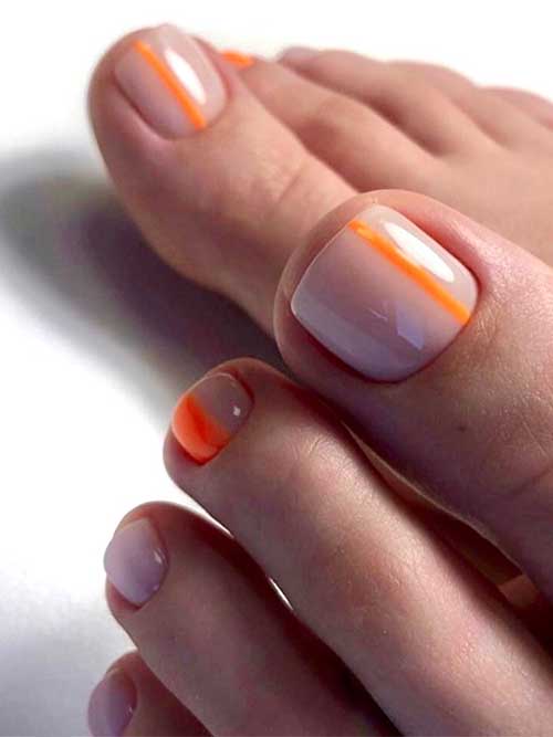 The nude pedicure idea is decorated with an orange line on the big toenail