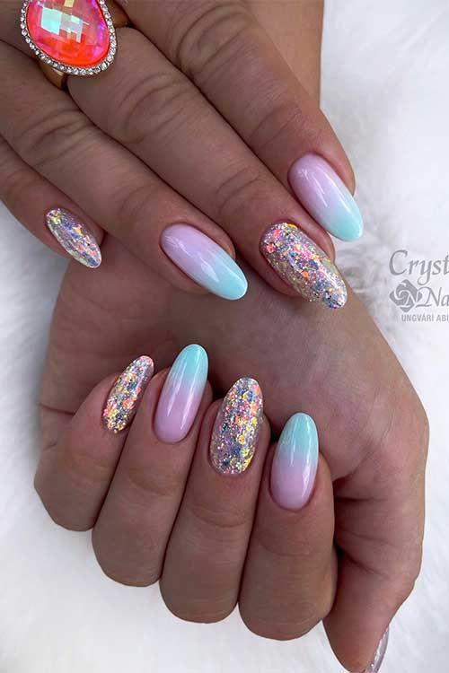 purple turquoise ombre nails with two accent nails decorated with confetti glitter