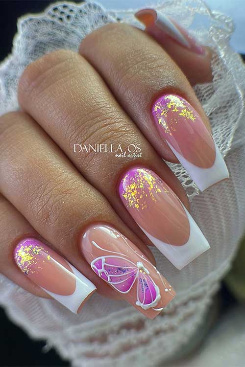 Classic white Frech tip nails with an accent nail decorated with butterfly and gold glitter above cuticles