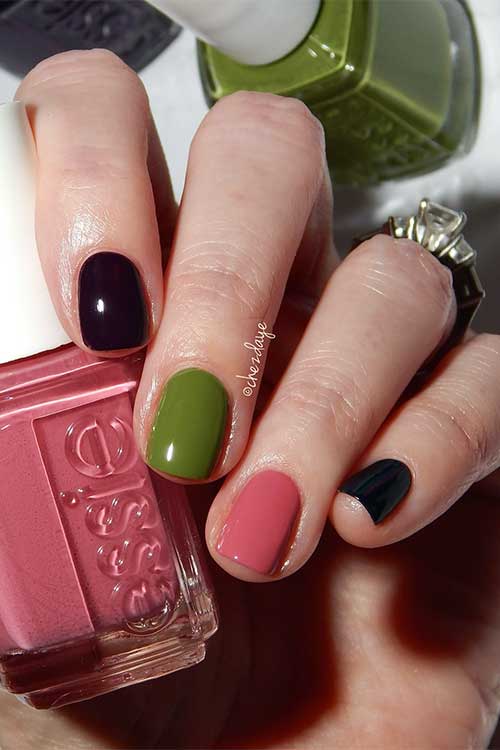 Creative short nails featuring mixed and matched nail colors from Essie's Fall 2024 Punk at Heart Collection.