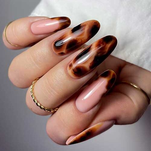 Glossy long almond-shaped tortoise nails featuring elegant French tips, showcasing a stylish and sophisticated manicure.