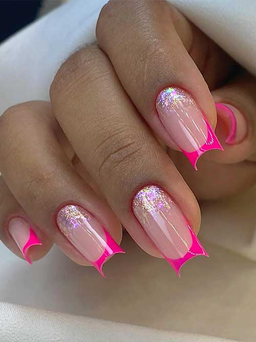 Hot pink long square-shaped nails with gold and purple above the cuticles