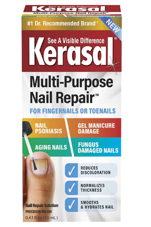 Kerasal Multi-Purpose Nail Repair: A bottle of nail treatment designed to restore and strengthen damaged nails effectively.