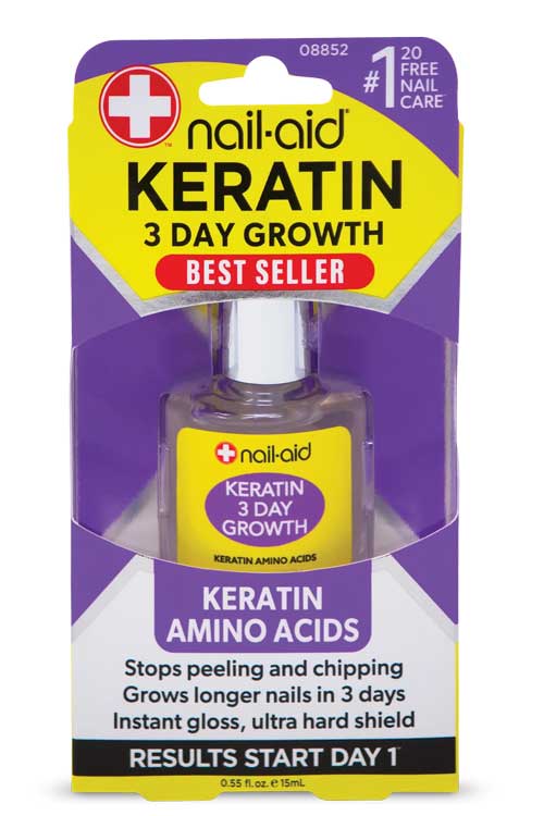 Nail-Aid Keratin 3 Day Growth Treatment bottle, promoting stronger and longer nails in a sleek design.