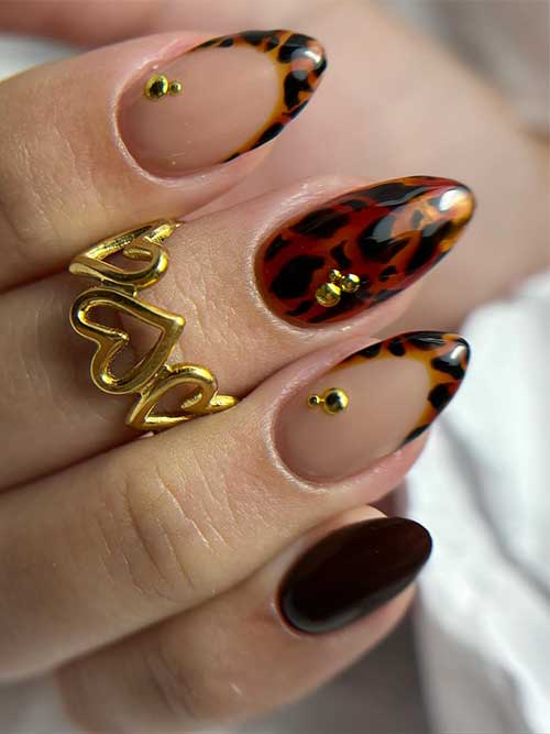 Tortoise nail design with French accents, a brown accent nail, and adorned with gold rhinestones for added elegance.