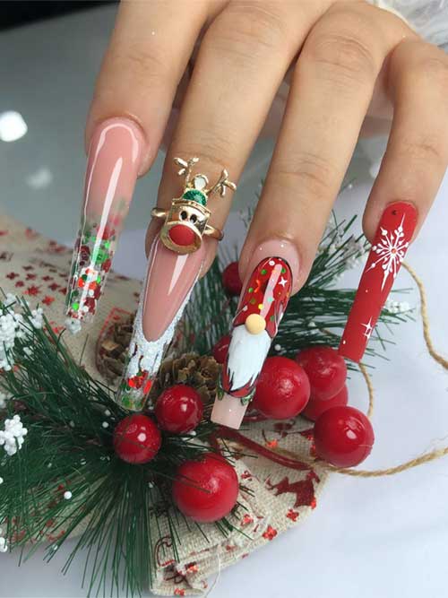 Long coffin-shaped red and green Christmas nails adorned with gnome, snowflake, glitter, and icicle designs.