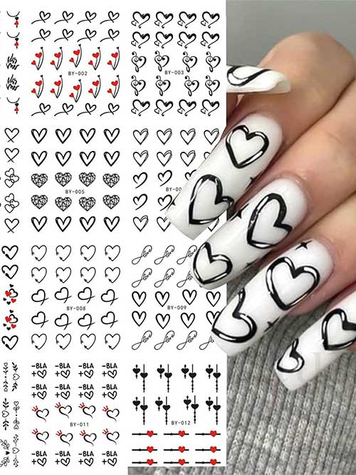 12 Valentine's Day nail water transfer stickers featuring black hearts, flowers, and love-themed designs for festive manicures.