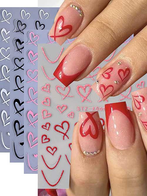 3D self-adhesive heart nail decals with wavy lines, ideal for creating romantic nail art for Valentine's Day.