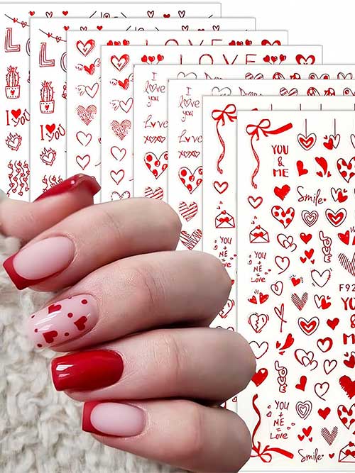 8 sheets of 3D red heart nail art stickers for DIY manicures, perfect for Valentine's Day decorations for women and girls.