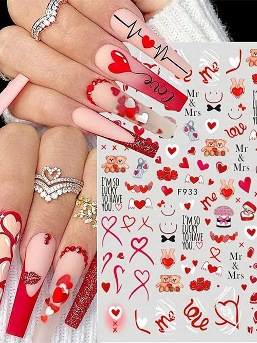 8 sheets of self-adhesive Valentine's Day nail stickers with romantic designs like roses, lips, and gnomes for DIY nail art.