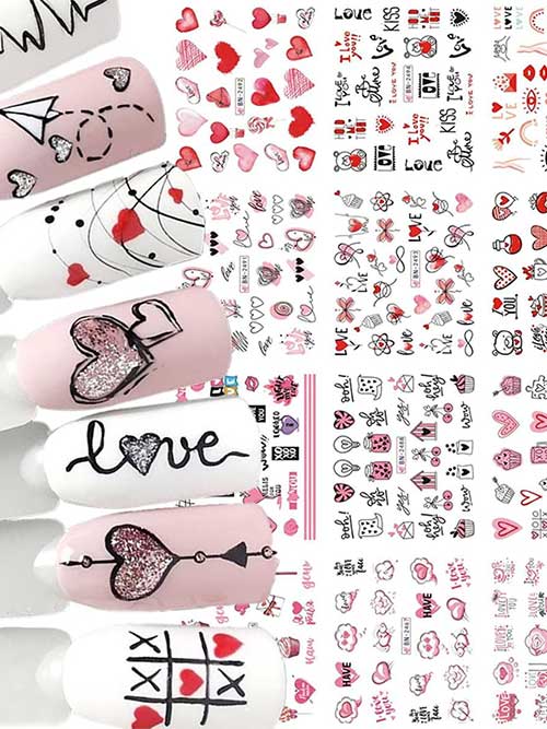 Adorable Valentine's Day nail stickers featuring pink hearts, "I Love You" letters, and cute cartoon animals.