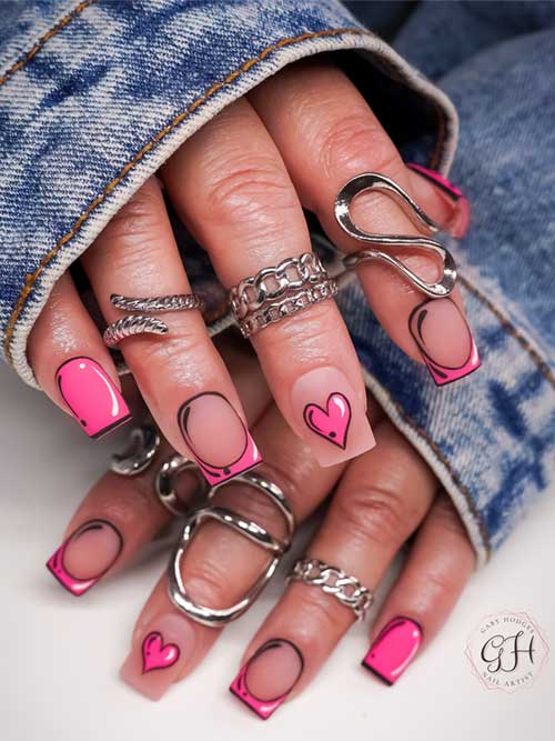 Fun and colorful pink Valentine heart nails in pop art style, a perfect accessory for Valentine's Day celebrations.