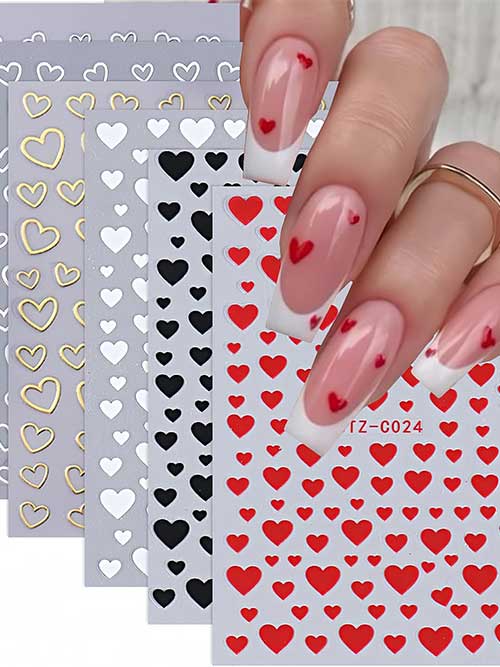 Set of 6 heart nail decals in various colors for fun nail art. Ideal for Valentine's Day and stylish DIY manicures!