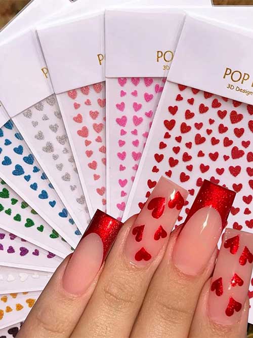 Shiny glitter heart nail art stickers for a romantic Valentine's Day manicure, perfect for DIY lovers and nail decorations.