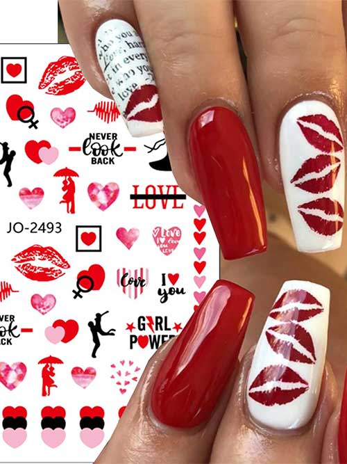 Valentine's Day nail stickers featuring 3D hearts and sexy lips, ideal for romantic nail designs and acrylic nail decoration.