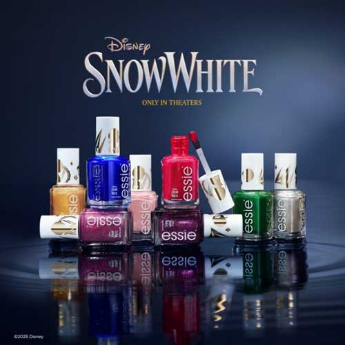 Essie x Disney collaboration featuring a Snow White nail polish collection with charming colors and fairy tale motifs.